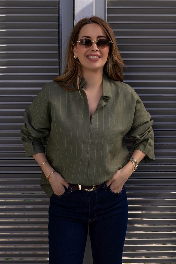 Keten Çizgili Gömlek - HAKİ