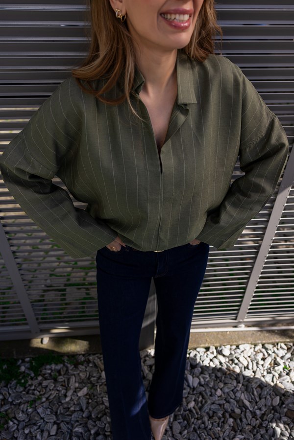 Keten Çizgili Gömlek - HAKİ