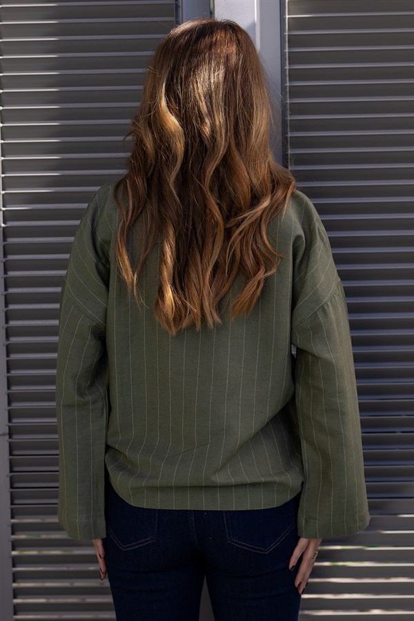 Keten Çizgili Gömlek - HAKİ