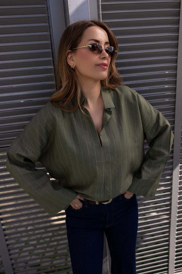 Keten Çizgili Gömlek - HAKİ