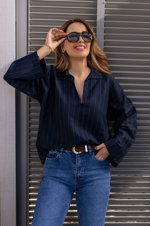 Keten Çizgili Gömlek - LACİVERT