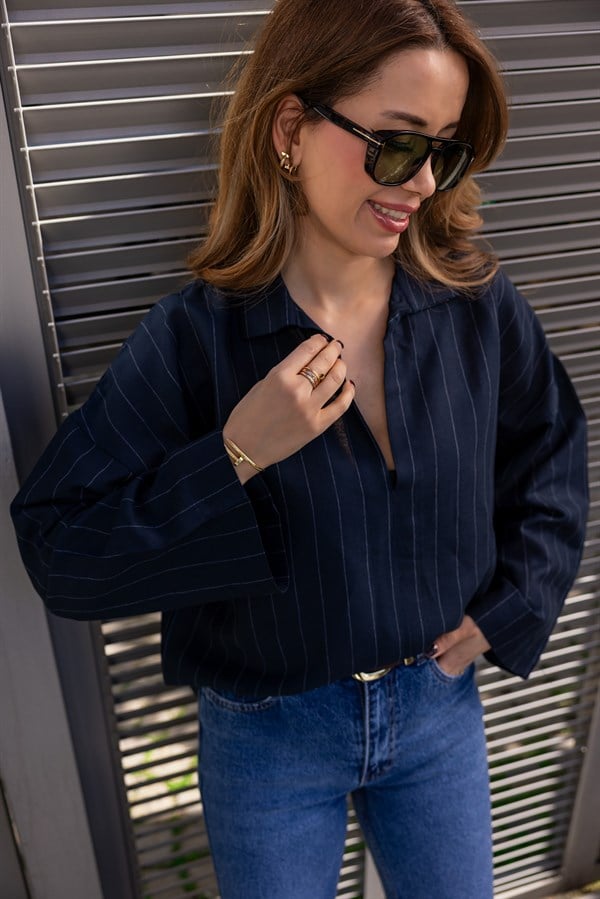 Keten Çizgili Gömlek - LACİVERT