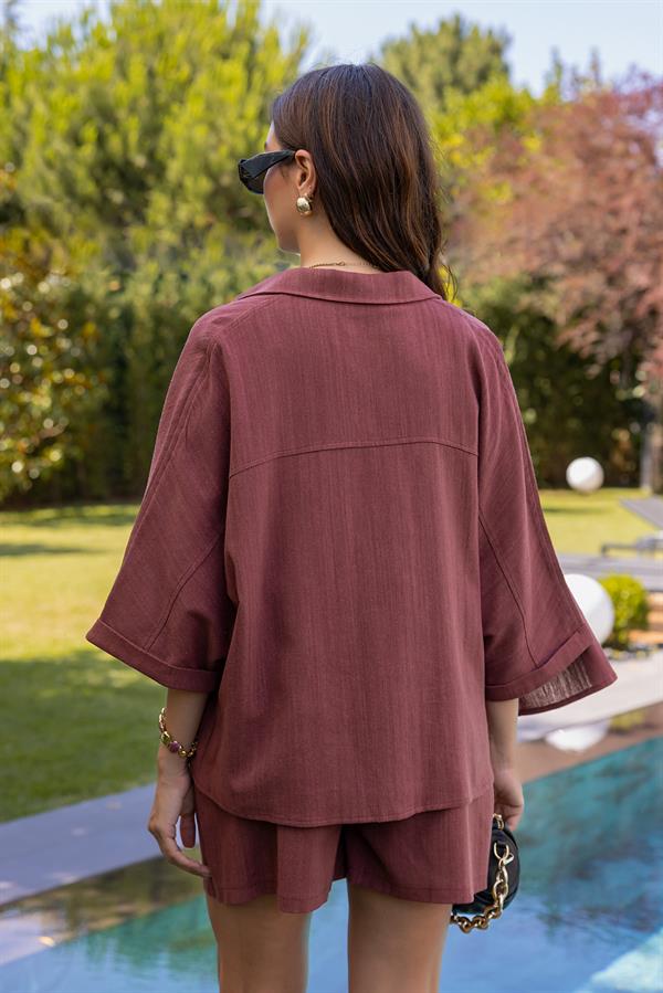 Keten Şort Gömlek Takım - KİREMİT