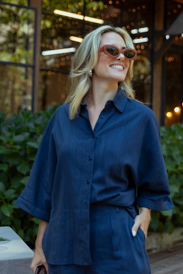 Keten Şort Gömlek Takım - LACİVERT