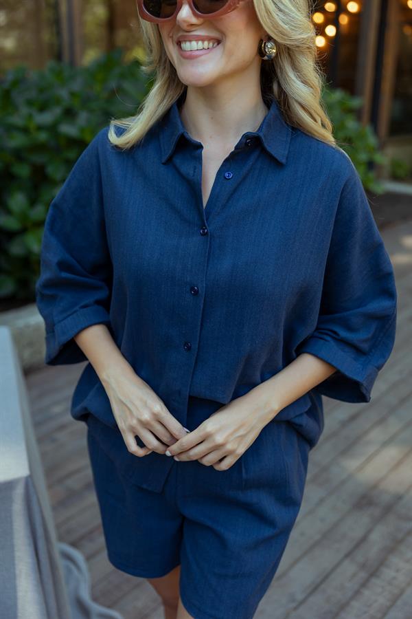 Keten Şort Gömlek Takım - LACİVERT