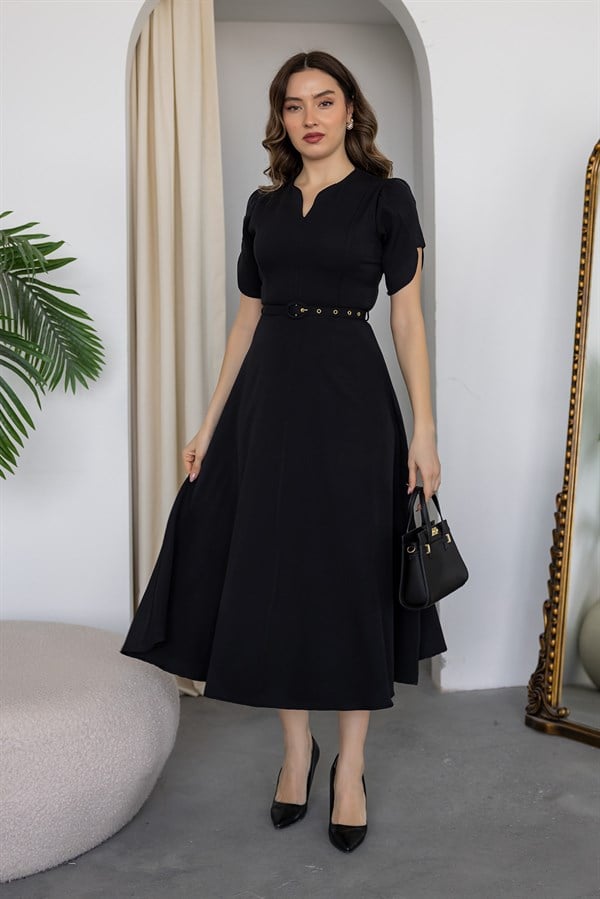 Kısa Kol Kemerli Kloş Elbise - SİYAH