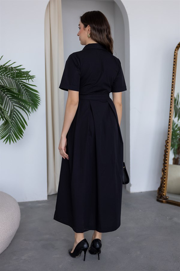 Kısa Kol Kuşaklı Gömlek Elbise - SİYAH