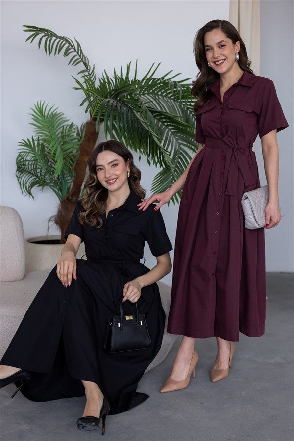 Kısa Kol Kuşaklı Gömlek Elbise - SİYAH