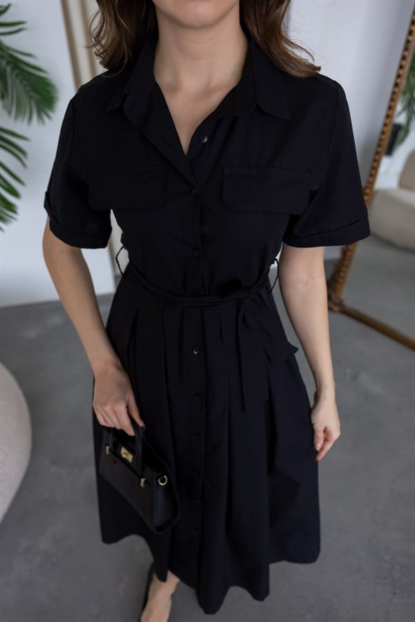 Kısa Kol Kuşaklı Gömlek Elbise - SİYAH