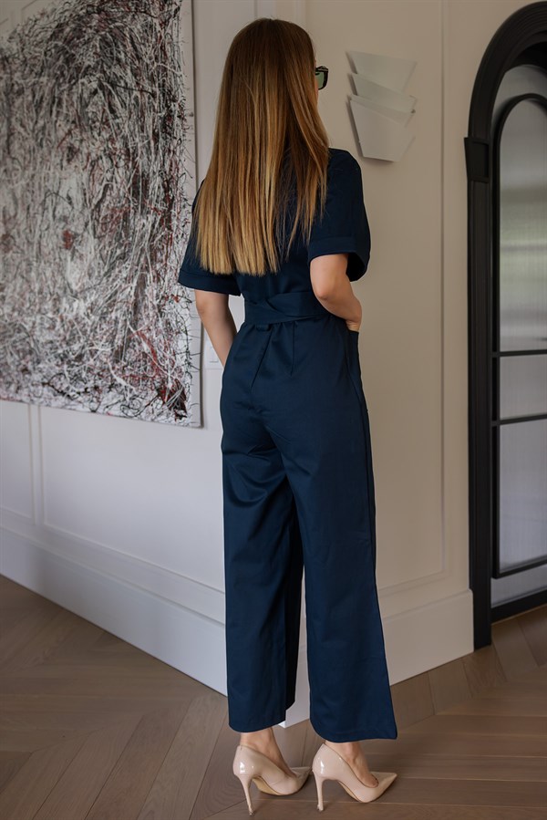 Kısa Kol Kuşaklı Tulum - LACİVERT