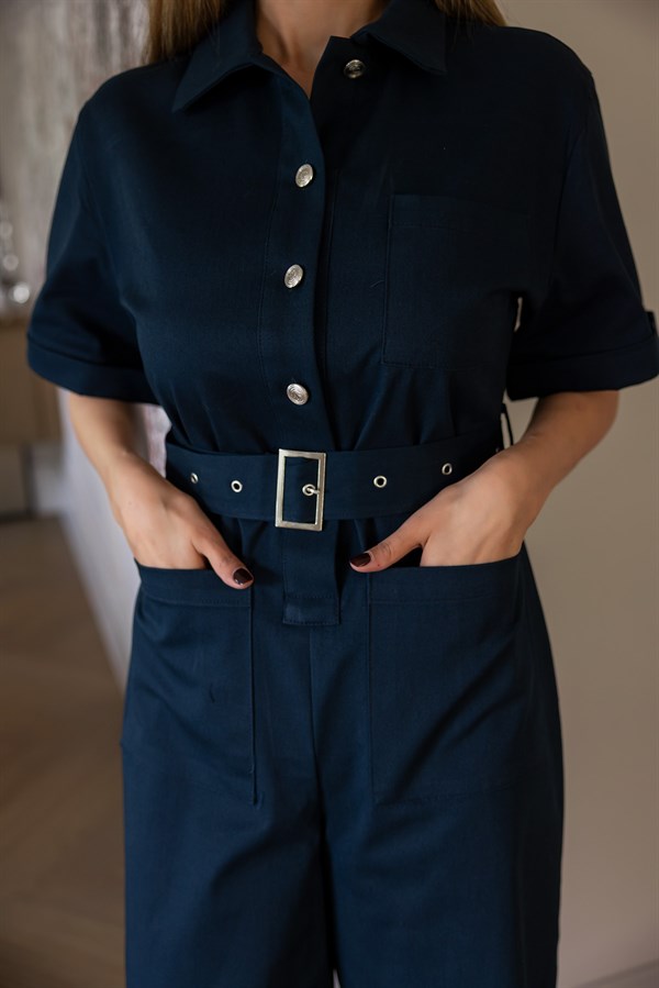 Kısa Kol Kuşaklı Tulum - LACİVERT