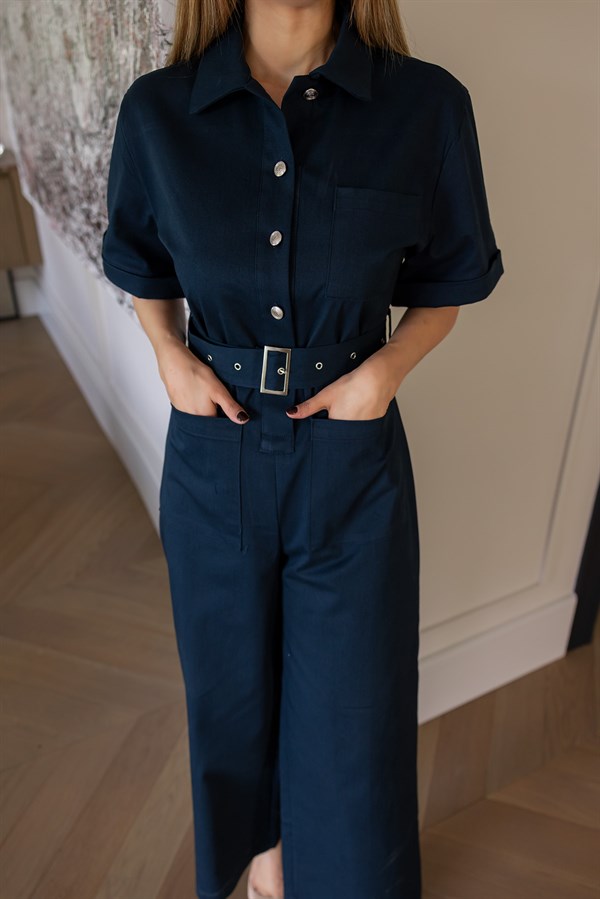 Kısa Kol Kuşaklı Tulum - LACİVERT