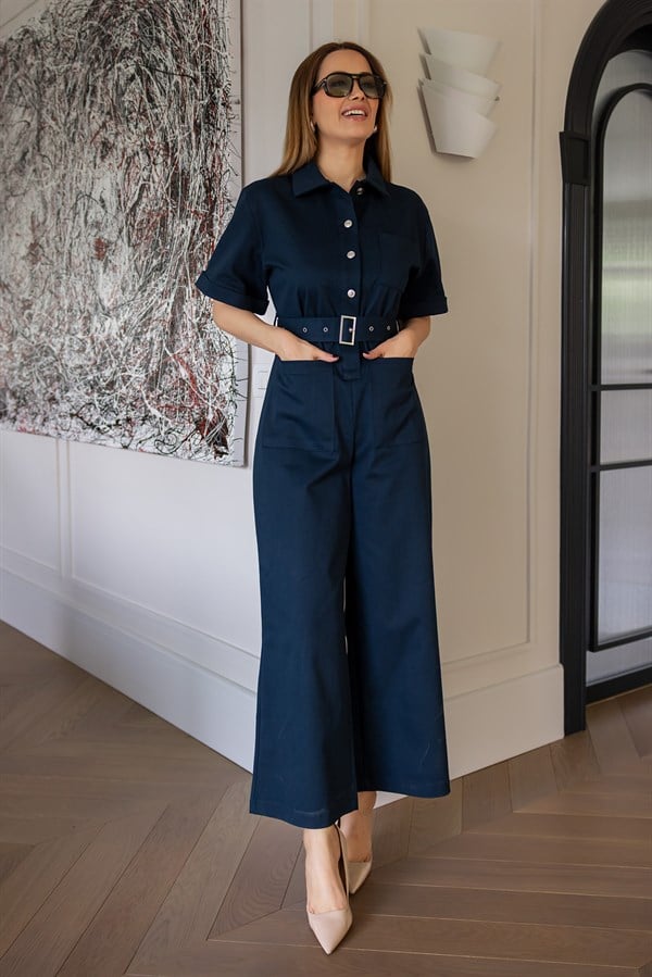 Kısa Kol Kuşaklı Tulum - LACİVERT