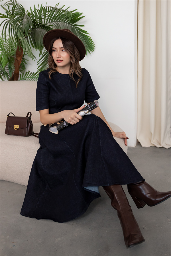 Kısa Kollu Denim Elbise - LACİVERT