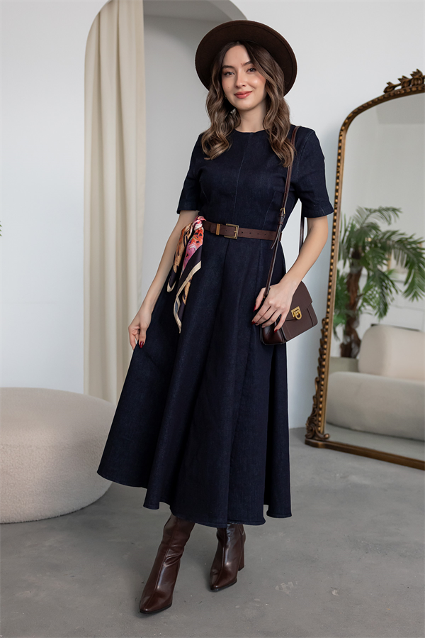 Kısa Kollu Denim Elbise - LACİVERT