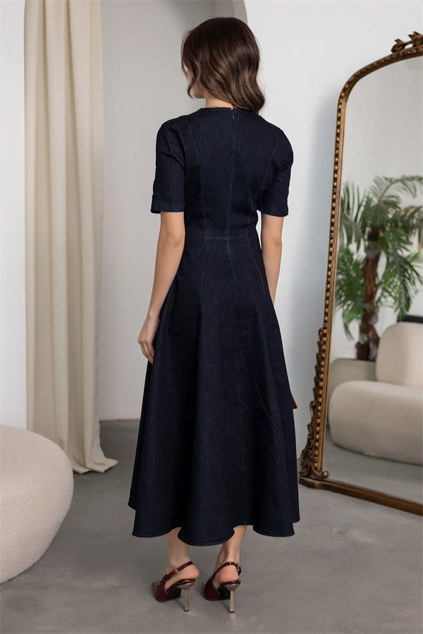 Kısa Kollu Denim Elbise - LACİVERT