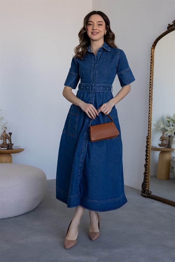 Kısa Kollu Kuşaklı Denim Elbise - LACİVERT