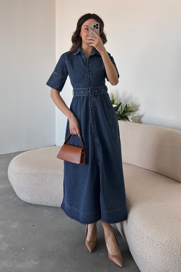 Kısa Kollu Kuşaklı Denim Elbise - LACİVERT