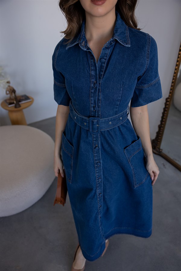 Kısa Kollu Kuşaklı Denim Elbise - LACİVERT