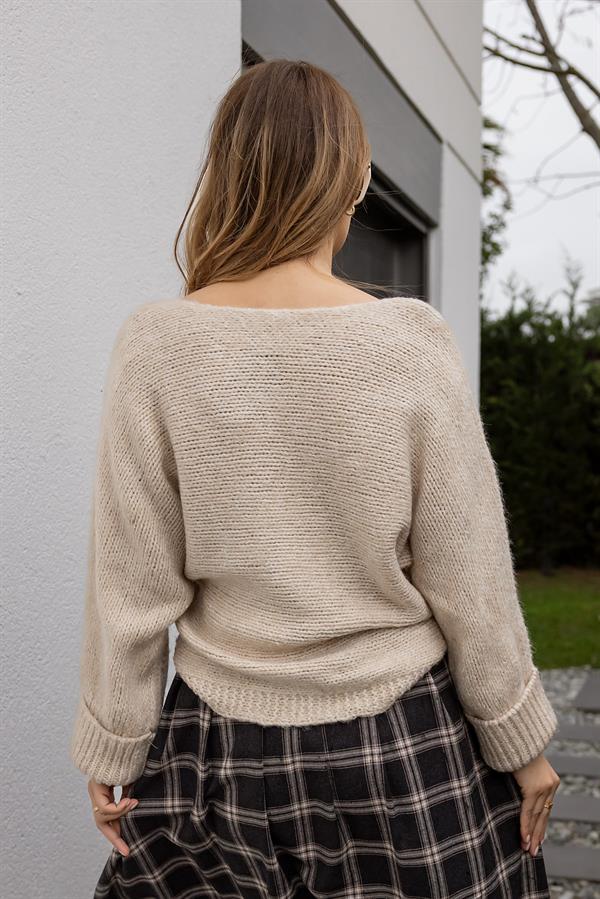 Kol Katlamalı Oversize Kazak - KREM