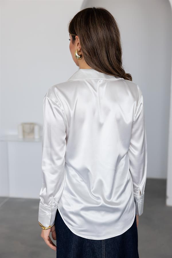 Kol Manşetli Saten Gömlek - BEYAZ