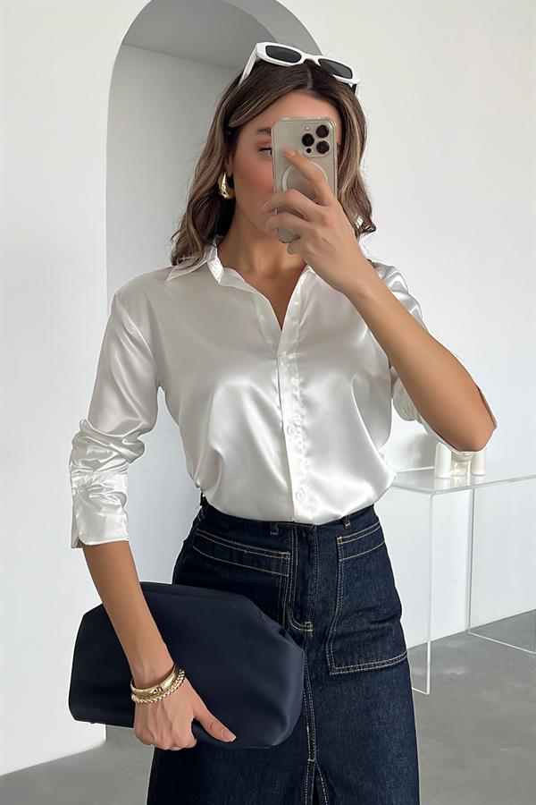 Kol Manşetli Saten Gömlek - BEYAZ