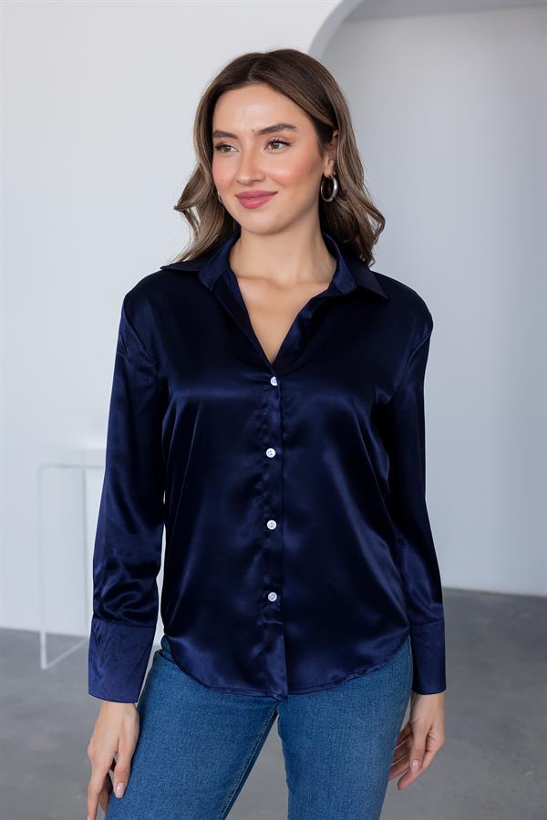 Kol Manşetli Saten Gömlek - LACİVERT
