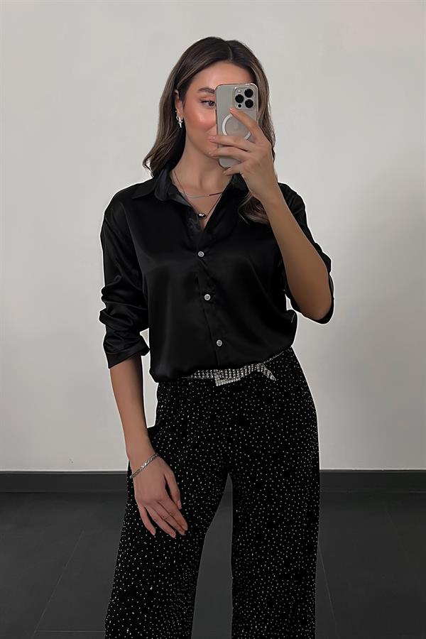 Kol Manşetli Saten Gömlek - SİYAH