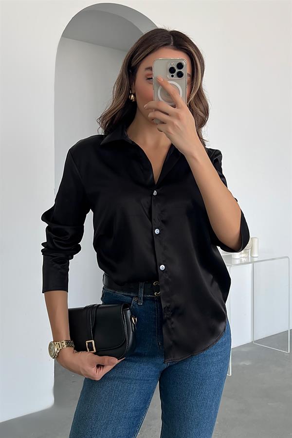 Kol Manşetli Saten Gömlek - SİYAH