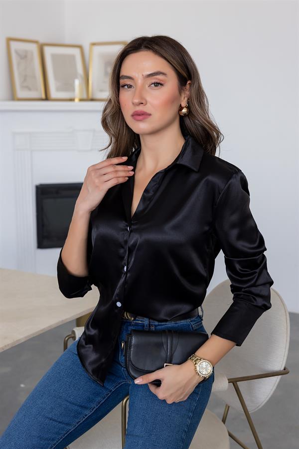 Kol Manşetli Saten Gömlek - SİYAH