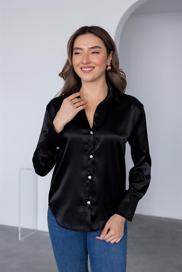 Kol Manşetli Saten Gömlek - SİYAH