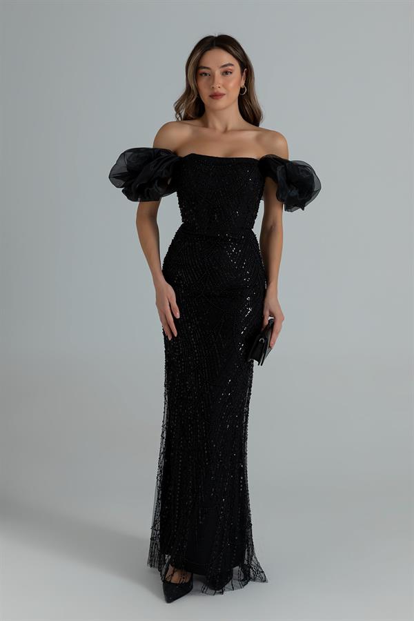 Kol Organze İşlemeli Abiye - SİYAH