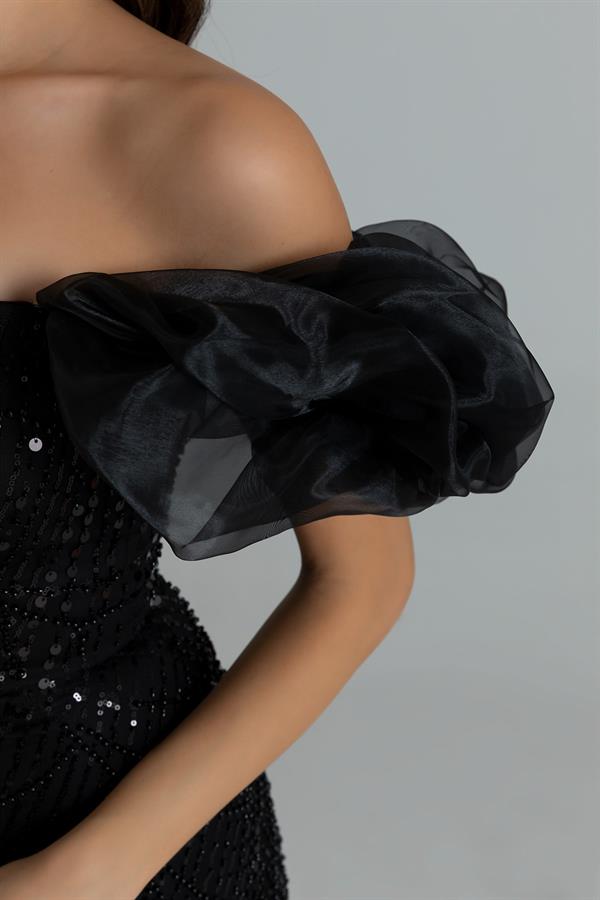 Kol Organze İşlemeli Abiye - SİYAH