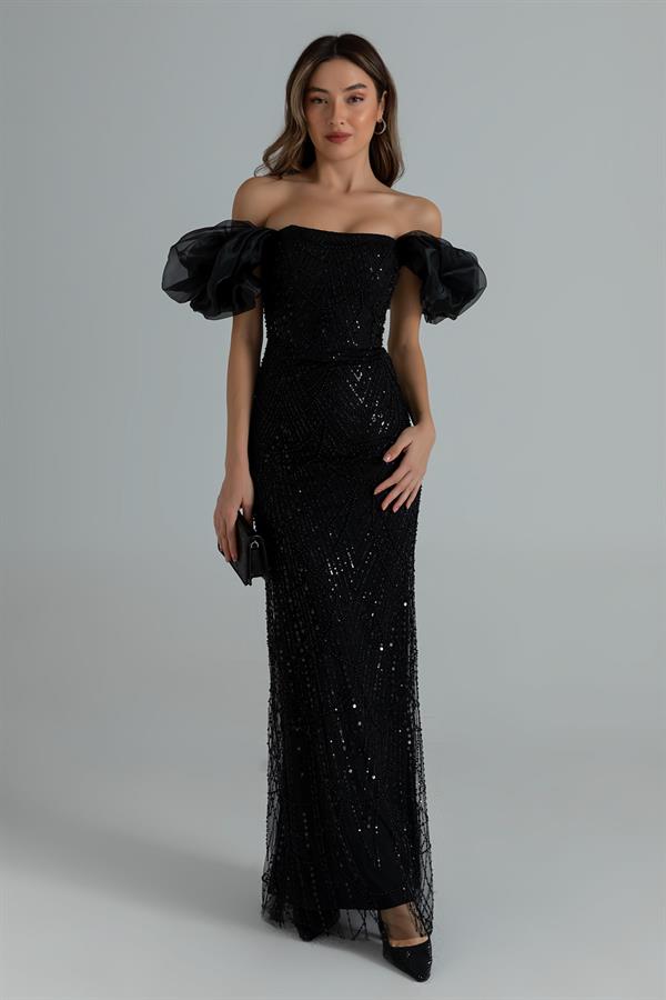 Kol Organze İşlemeli Abiye - SİYAH