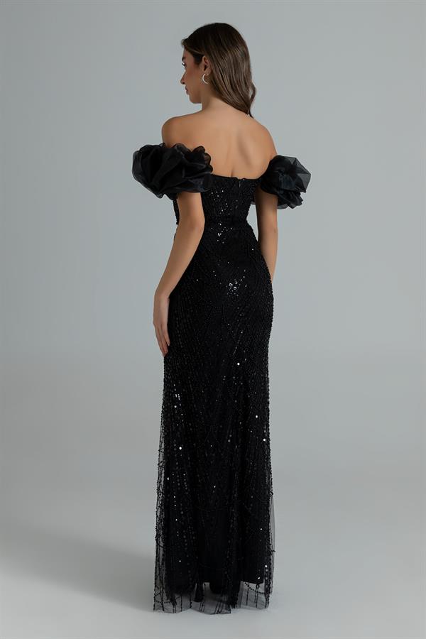 Kol Organze İşlemeli Abiye - SİYAH