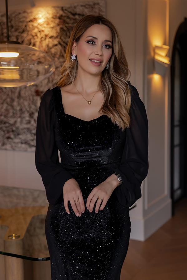 Kol Transparan Işıltılı Elbise - SİYAH