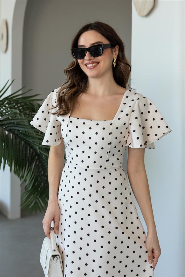 Kol Volanlı Puantiyeli Elbise - EKRU