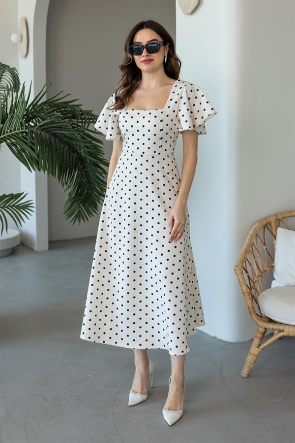 Kol Volanlı Puantiyeli Elbise - EKRU