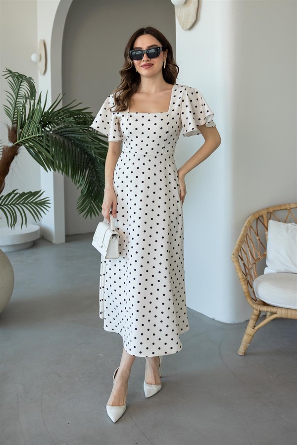 Kol Volanlı Puantiyeli Elbise - EKRU