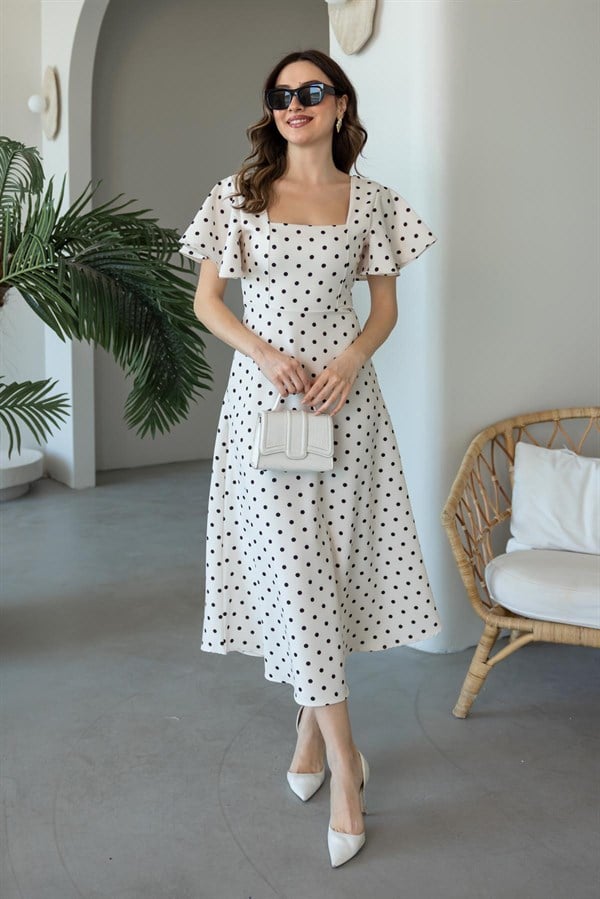 Kol Volanlı Puantiyeli Elbise - EKRU