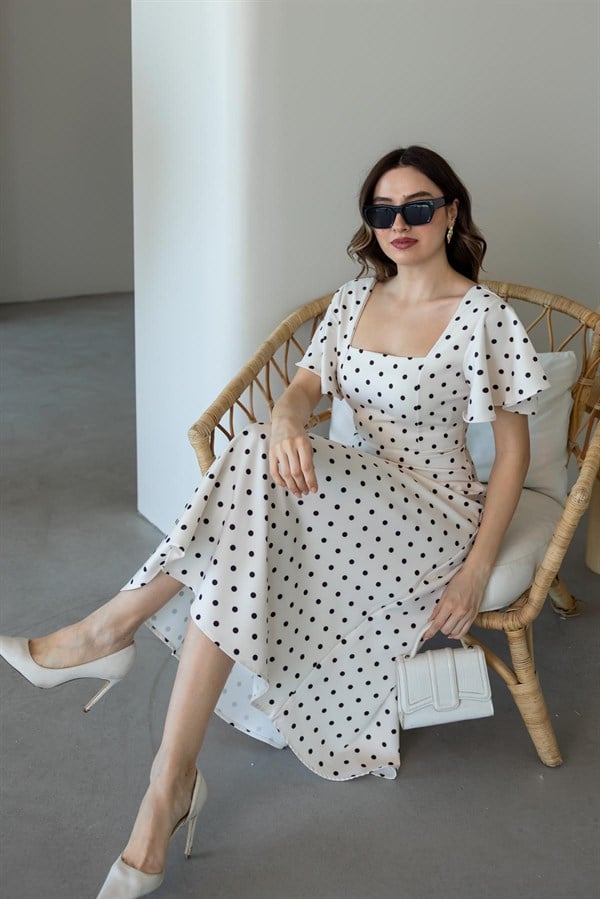 Kol Volanlı Puantiyeli Elbise - EKRU
