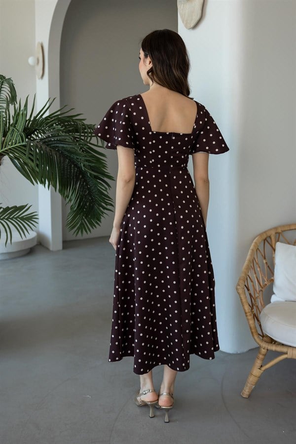 Kol Volanlı Puantiyeli Elbise - KAHVERENGİ