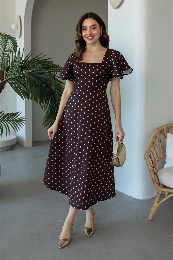 Kol Volanlı Puantiyeli Elbise - KAHVERENGİ