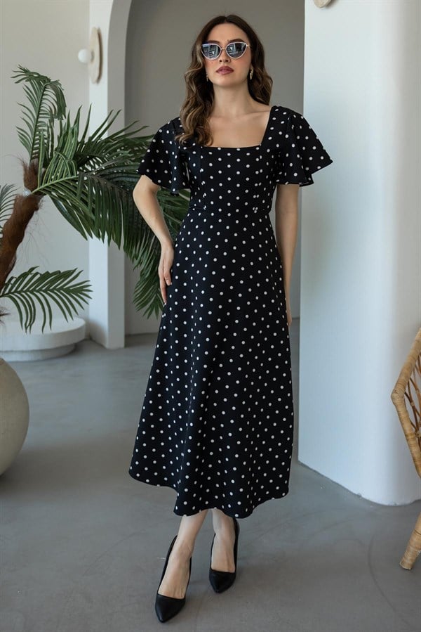 Kol Volanlı Puantiyeli Elbise - SİYAH