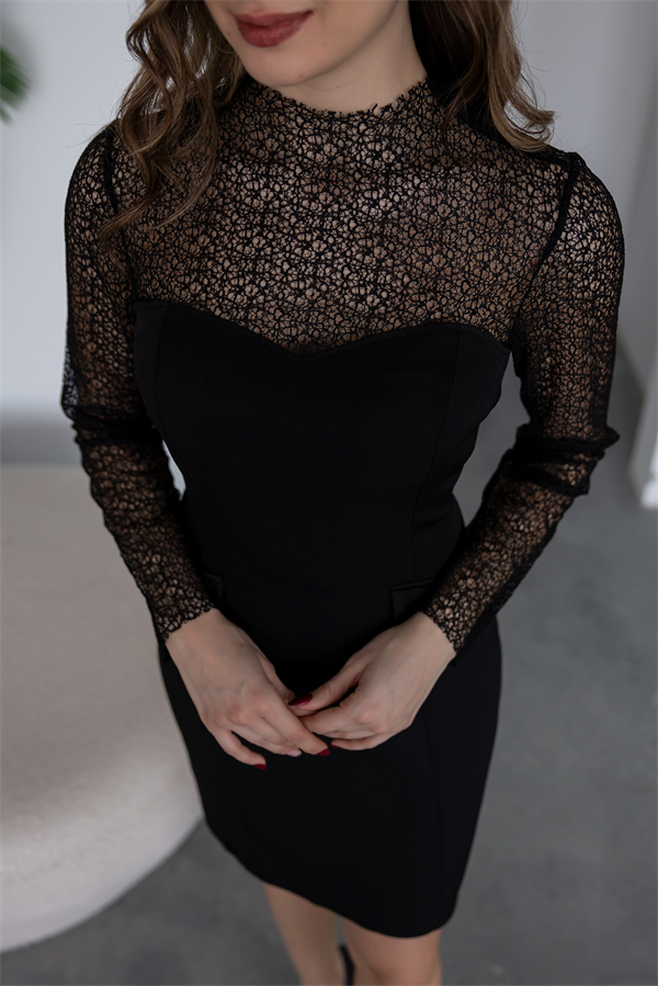 Kolları Dantel Detay Elbise - SİYAH