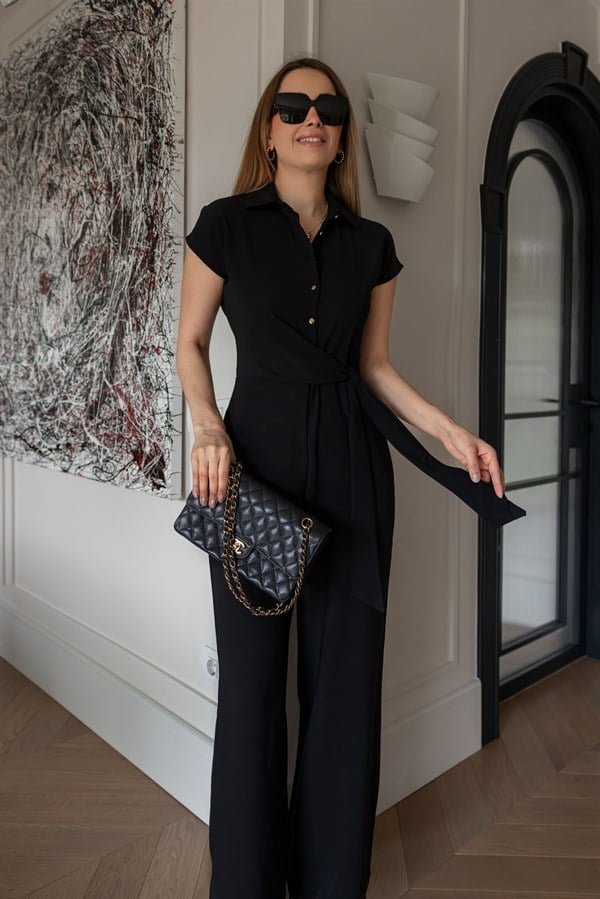 Kolsuz Kuşak Detaylı Tulum - SİYAH