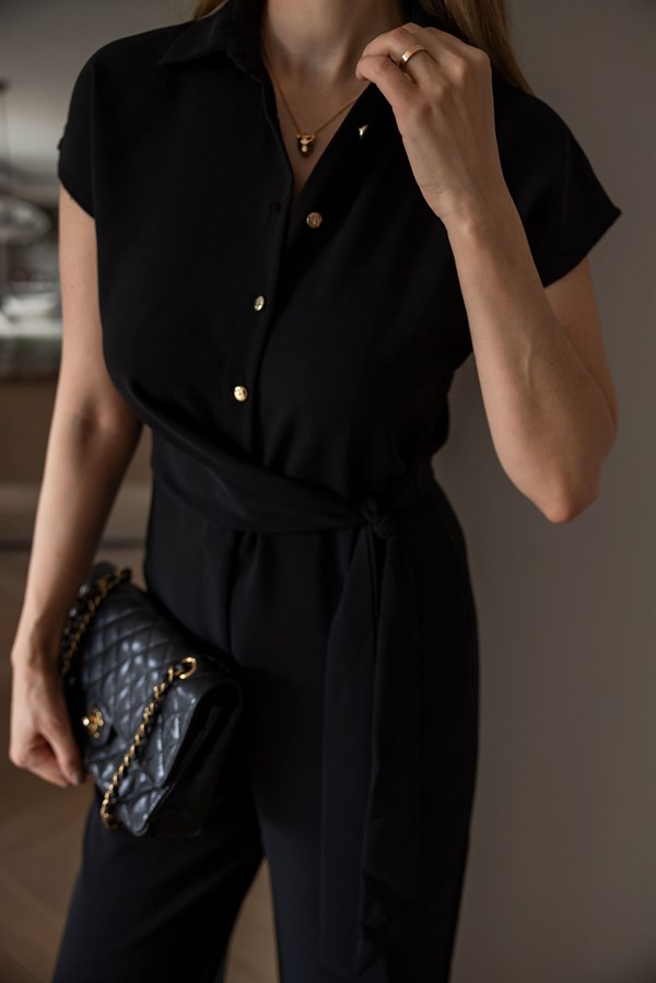 Kolsuz Kuşak Detaylı Tulum - SİYAH