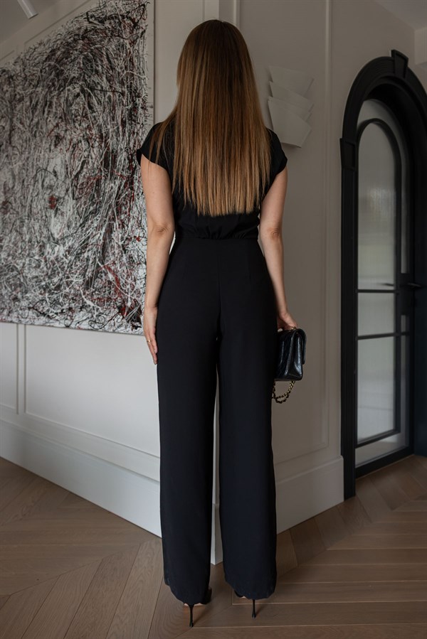 Kolsuz Kuşak Detaylı Tulum - SİYAH