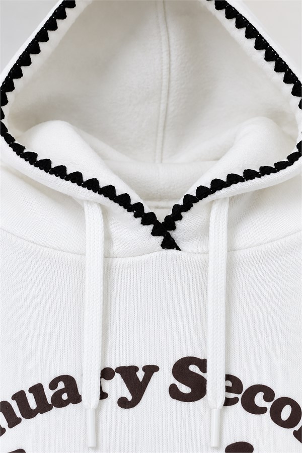 Kontrast Dikiş Baskılı Kapüşonlu Sweat - BEYAZ