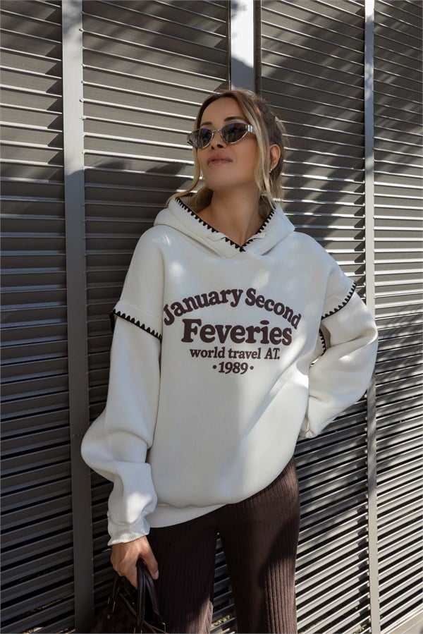 Kontrast Dikiş Baskılı Kapüşonlu Sweat - BEYAZ